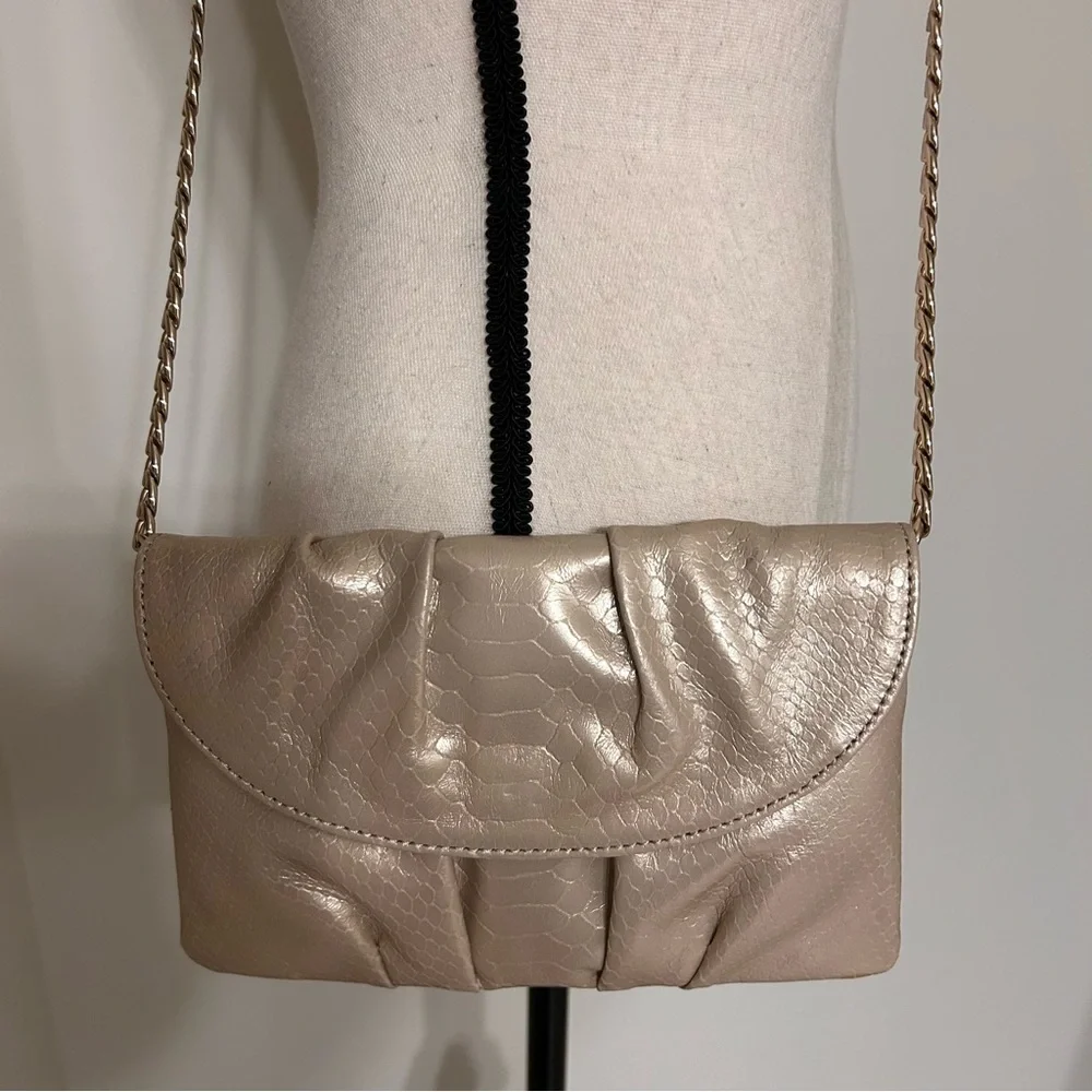 Talbots Beige Pleated Pearlized Leather Animal Print Bag with Gold Chain Strap